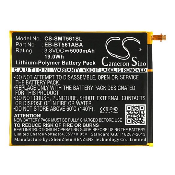 CAMERON SINO Li-Polymer akku (3.8V/5000mAh, Samsung EB-BT561ABA kompatibilis) FEKETE Samsung Galaxy Tab E 9.6 WIFI (SM-T560), Samsung Galaxy Tab E 9.6 3G (SM-T561)