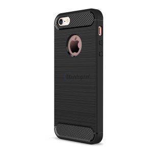 Szilikon telefonvédő (közepesen ütésálló, légpárnás sarok, szálcsiszolt, karbon minta, logó kivágás) FEKETE Apple iPhone SE (2016), Apple iPhone 5, Apple iPhone 5S