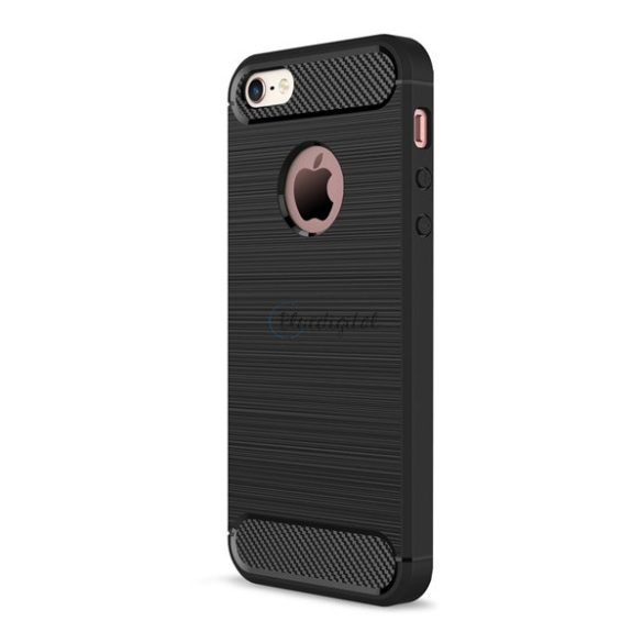 Szilikon telefonvédő (közepesen ütésálló, légpárnás sarok, szálcsiszolt, karbon minta, logó kivágás) FEKETE Apple iPhone SE (2016), Apple iPhone 5, Apple iPhone 5S