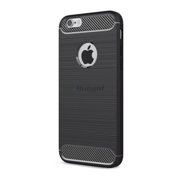 Szilikon telefonvédő (közepesen ütésálló, légpárnás sarok, szálcsiszolt, karbon minta, logó kivágás) FEKETE Apple iPhone 6S 4.7, Apple iPhone 6 4.7