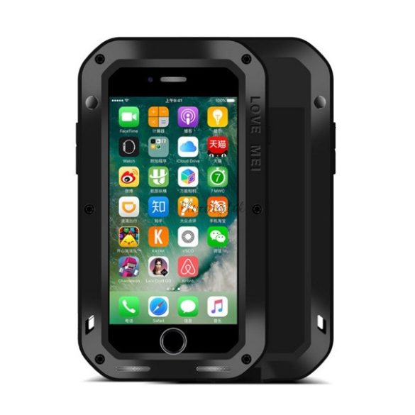 LOVE MEI Powerful defender telefonvédő (fém keret, extrém ütésálló, cseppálló, porálló + Gorilla Glass üveg) FEKETE Apple iPhone 7 4.7, Apple iPhone 8 4.7, Apple iPhone SE 2 (2020), Apple