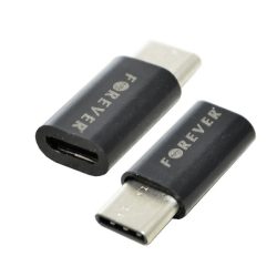   FOREVER adapter (microUSB aljzat - Type-C, adatátvitel és töltés) FEKETE