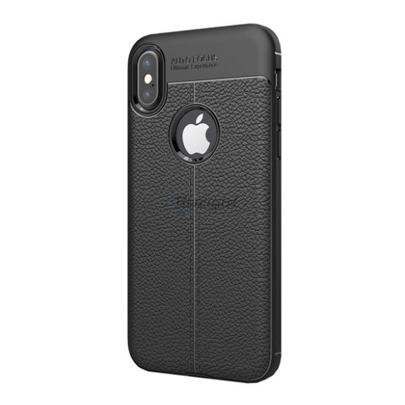 Szilikon telefonvédő (közepesen ütésálló, bőr hatású, varrás minta, logó kivágás) FEKETE Apple iPhone X 5.8, Apple iPhone XS 5.8