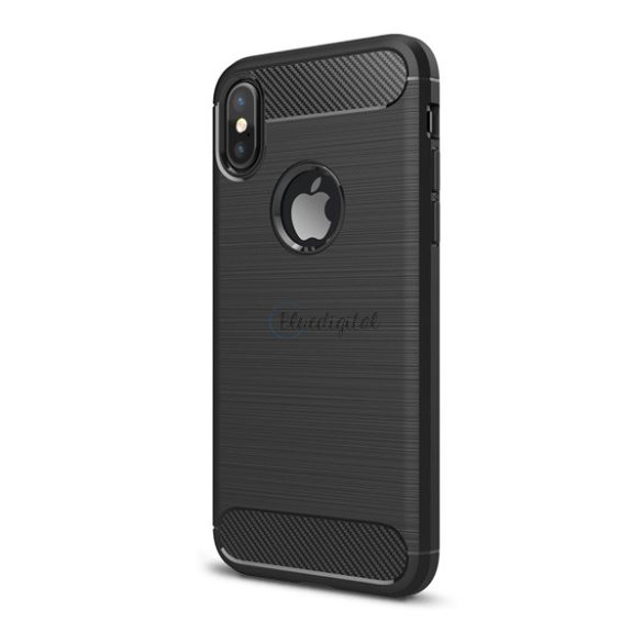 Szilikon telefonvédő (közepesen ütésálló, légpárnás sarok, szálcsiszolt, karbon minta, logó kivágás) FEKETE Apple iPhone X 5.8, Apple iPhone XS 5.8
