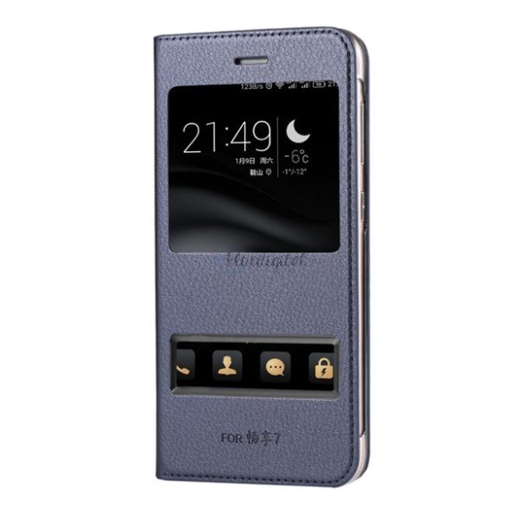 Tok álló, bőr hatású (FLIP, oldalra nyíló, Dual View Window) SÖTÉTKÉK Huawei P9 Lite Mini