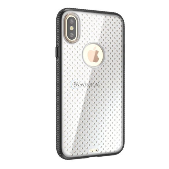 Műanyag telefonvédő (szilikon keret, közepesen ütésálló, átlátszó akril hátlap, lyukacsos minta, logó kivágás) FEKETE Apple iPhone X 5.8, Apple iPhone XS 5.8