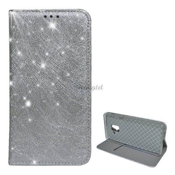 Tok álló, bőr hatású (FLIP, szilikon belső, oldalra nyíló, asztali tartó funkció, csillogó, fémes minta) EZÜST Samsung Galaxy A8 Plus (2018) SM-A730F