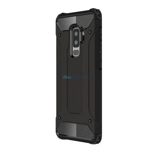 Defender műanyag telefonvédő (ütésállóság, légpárnás sarok, szilikon belső, fémhatás) FEKETE Samsung Galaxy S9 Plus (SM-G965)