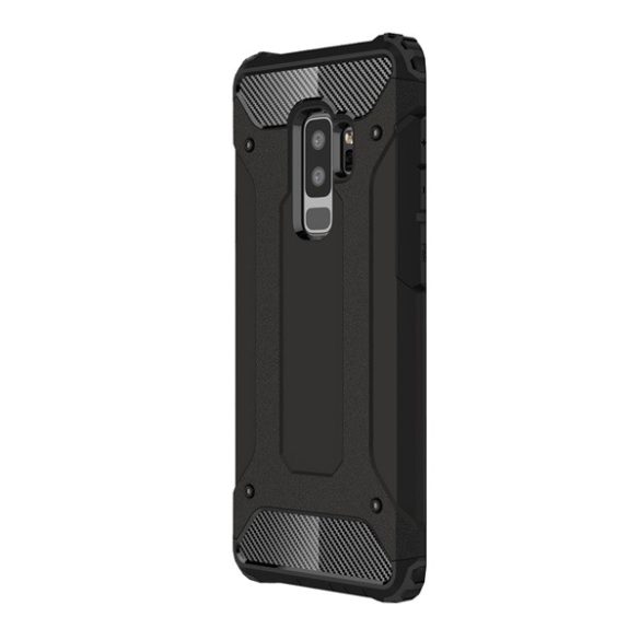 Defender műanyag telefonvédő (ütésállóság, légpárnás sarok, szilikon belső, fémhatás) FEKETE Samsung Galaxy S9 Plus (SM-G965)