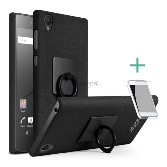 IMAK műanyag telefonvédő (gumírozott, telefontartó gyűrű, 360°-ban forgatható + képernyővédő fólia) FEKETE Sony Xperia L1 (G3312)