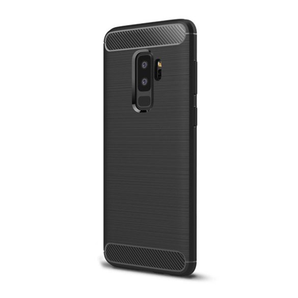 Szilikon telefonvédő (közepesen ütésálló, légpárnás sarok, szálcsiszolt, karbon minta) FEKETE Samsung Galaxy S9 Plus (SM-G965)