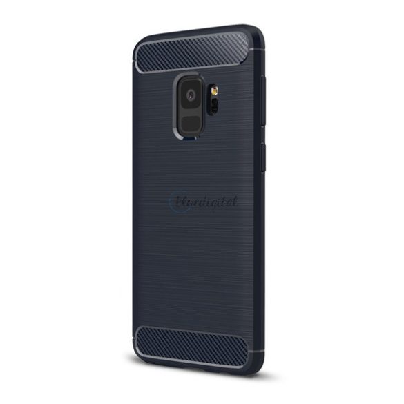 Szilikon telefonvédő (közepesen ütésálló, légpárnás sarok, szálcsiszolt, karbon minta) SÖTÉTKÉK Samsung Galaxy S9 (SM-G960)