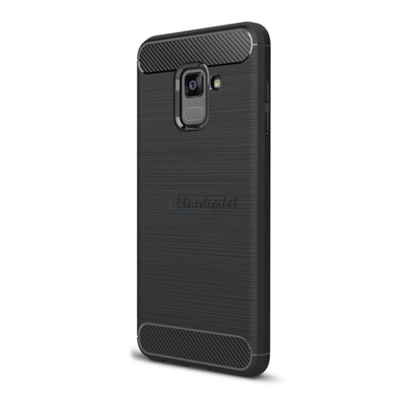 Szilikon telefonvédő (közepesen ütésálló, légpárnás sarok, szálcsiszolt, karbon minta) FEKETE Samsung Galaxy A8 Plus (2018) SM-A730F