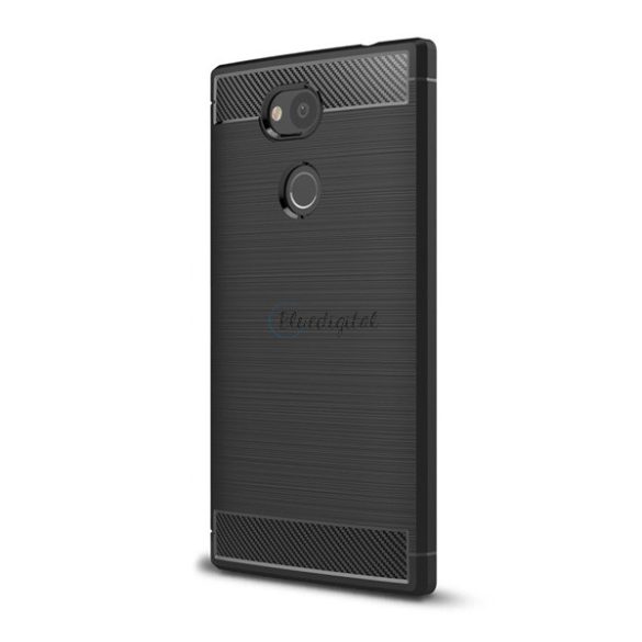 Szilikon telefonvédő (közepesen ütésálló, légpárnás sarok, szálcsiszolt, karbon minta) FEKETE Sony Xperia L2 (H4311)