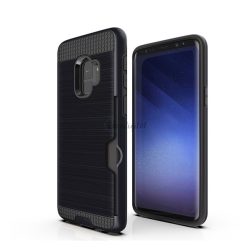   Műanyag telefonvédő (szilikon belső, közepesen ütésálló, bankkártya tartó, szálcsiszolt minta) FEKETE Samsung Galaxy S9 (SM-G960)