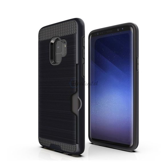 Műanyag telefonvédő (szilikon belső, közepesen ütésálló, bankkártya tartó, szálcsiszolt minta) FEKETE Samsung Galaxy S9 (SM-G960)