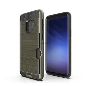 Műanyag telefonvédő (szilikon belső, közepesen ütésálló, bankkártya tartó, szálcsiszolt minta) SÖTÉTZÖLD Samsung Galaxy S9 (SM-G960)