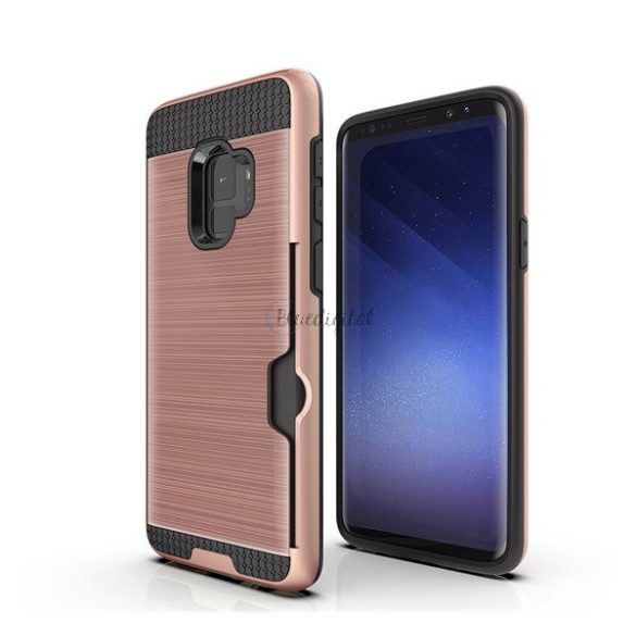 Műanyag telefonvédő (szilikon belső, közepesen ütésálló, bankkártya tartó, szálcsiszolt minta) ROZÉARANY Samsung Galaxy S9 (SM-G960)