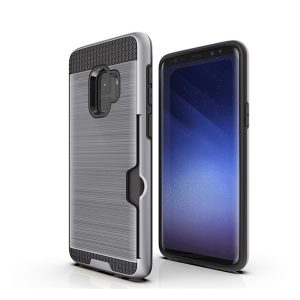 Műanyag telefonvédő (szilikon belső, közepesen ütésálló, bankkártya tartó, szálcsiszolt minta) EZÜST Samsung Galaxy S9 (SM-G960)