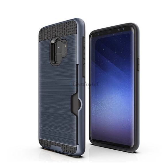 Műanyag telefonvédő (szilikon belső, közepesen ütésálló, bankkártya tartó, szálcsiszolt minta) SÖTÉTKÉK Samsung Galaxy S9 (SM-G960)