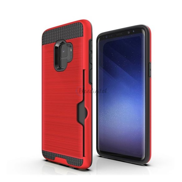 Műanyag telefonvédő (szilikon belső, közepesen ütésálló, bankkártya tartó, szálcsiszolt minta) PIROS Samsung Galaxy S9 (SM-G960)