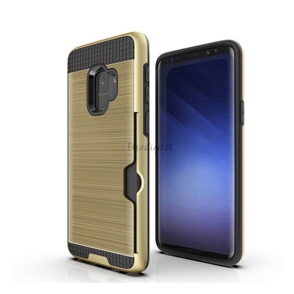 Műanyag telefonvédő (szilikon belső, közepesen ütésálló, bankkártya tartó, szálcsiszolt minta) ARANY Samsung Galaxy S9 (SM-G960)