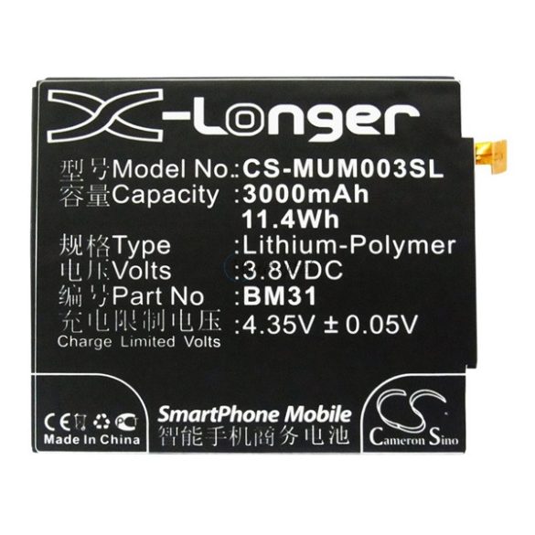 CAMERON SINO Li-Polymer akku (3.8V/3000mAh, Xiaomi BM31 kompatibilis) FEKETE Xiaomi Mi 3