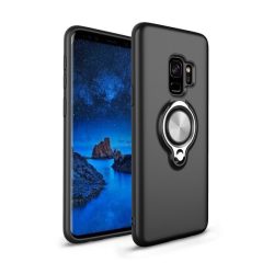   Műanyag telefonvédő (szilikon belső, közepesen ütésálló, telefontartó gyűrű, 360°-ban forgatható) FEKETE Samsung Galaxy S9 (SM-G960)