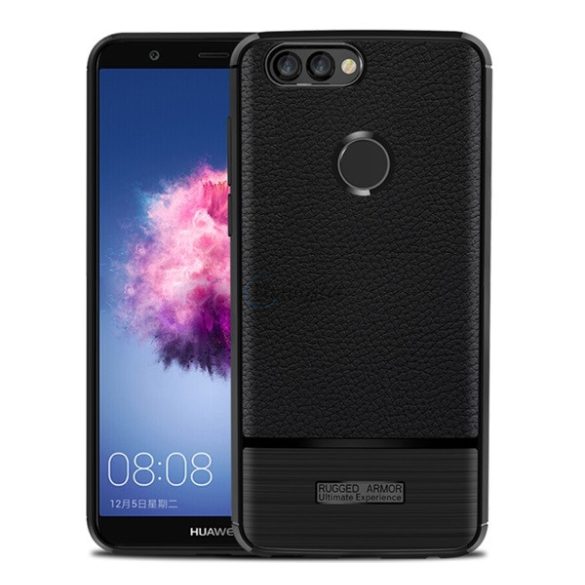Szilikon telefonvédő (közepesen ütésálló, bőr hatású, szálcsiszolt) FEKETE Huawei P Smart (2018)