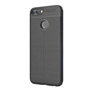 Szilikon telefonvédő (közepesen ütésálló, bőr hatású, varrás minta) FEKETE Huawei P Smart (2018)