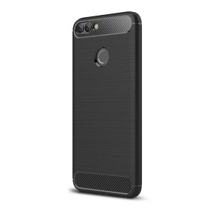 Szilikon telefonvédő (közepesen ütésálló, légpárnás sarok, szálcsiszolt, karbon minta) FEKETE Huawei P Smart (2018)