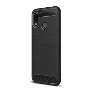 Szilikon telefonvédő (közepesen ütésálló, légpárnás sarok, szálcsiszolt, karbon minta) FEKETE Huawei P20 Lite