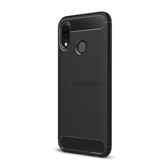 Szilikon telefonvédő (közepesen ütésálló, légpárnás sarok, szálcsiszolt, karbon minta) FEKETE Huawei P20 Lite