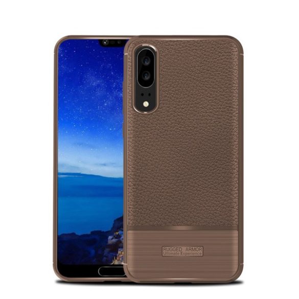 Szilikon telefonvédő (közepesen ütésálló, bőr hatású, szálcsiszolt) BARNA Huawei P20