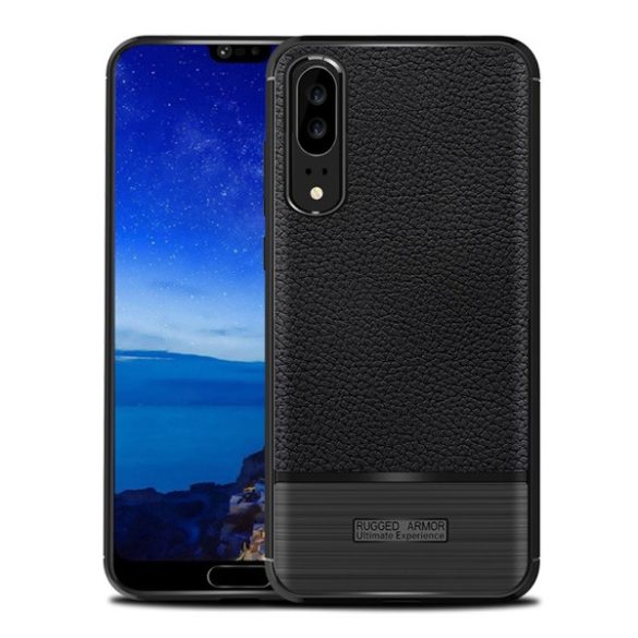 Szilikon telefonvédő (közepesen ütésálló, bőr hatású, szálcsiszolt) FEKETE Huawei P20