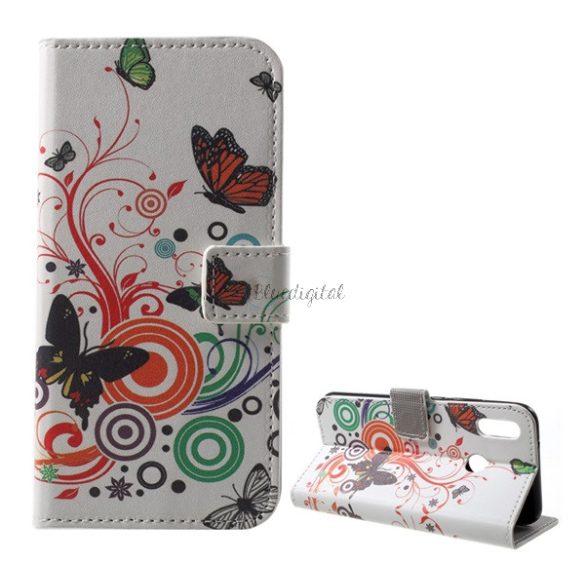 Tok álló, bőr hatású (FLIP, oldalra nyíló, asztali tartó funkció, pillangó, kör minta) FEHÉR Huawei P20 Lite