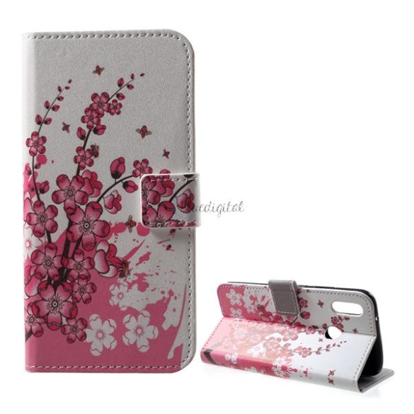 Tok álló, bőr hatású (FLIP, oldalra nyíló, asztali tartó funkció, virág minta) FEHÉR Huawei P20 Lite