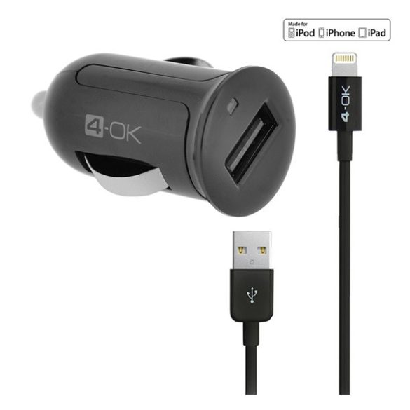 4-OK autós töltő USB aljzat (12W, IPCMB5 utód + lightning kábel) FEKETE