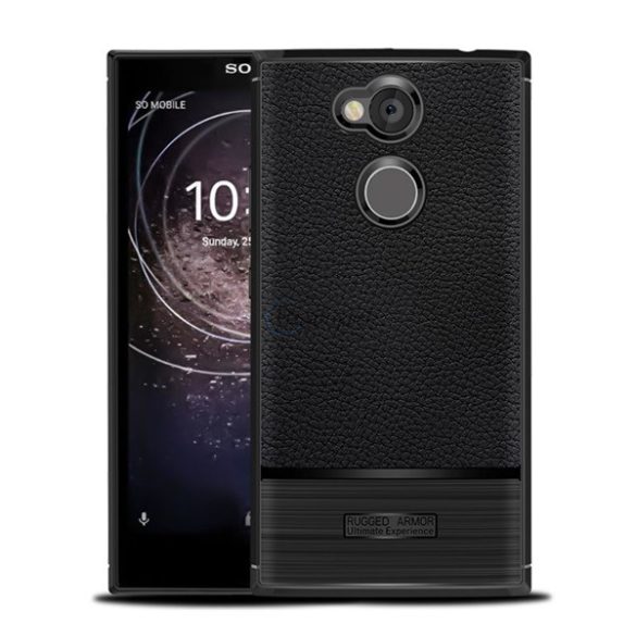 Szilikon telefonvédő (közepesen ütésálló, bőr hatású, szálcsiszolt) FEKETE Sony Xperia L2 (H4311)