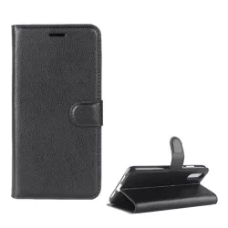   Tok álló, bőr hatású (FLIP, oldalra nyíló, asztali tartó funkció, prémium) FEKETE Huawei P20