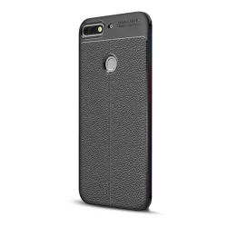   Szilikon telefonvédő (közepesen ütésálló, bőr hatású, varrás minta) FEKETE Huawei Y7 Prime 2018 (Y7 2018)