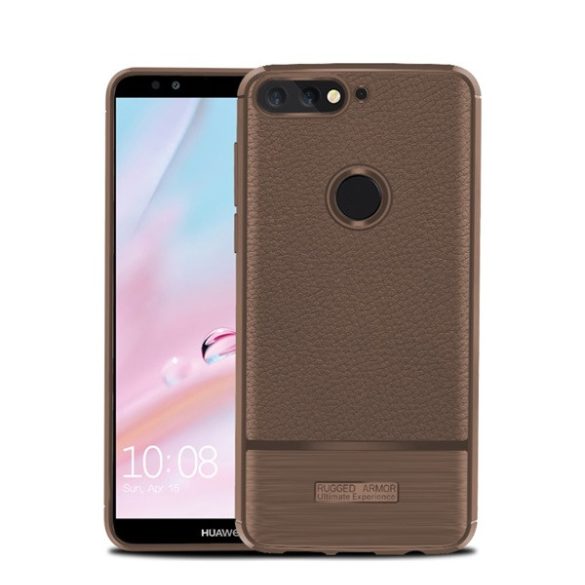 Szilikon telefonvédő (közepesen ütésálló, bőr hatású, szálcsiszolt) BARNA Huawei Y7 Prime 2018 (Y7 2018)