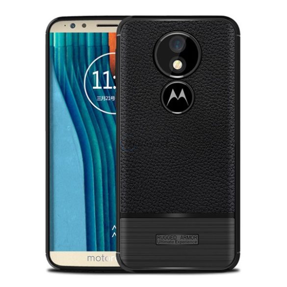 Szilikon telefonvédő (közepesen ütésálló, bőr hatású, szálcsiszolt) FEKETE Motorola Moto G6 Play (XT1922), Motorola Moto E5 (XT1944)