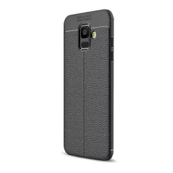   Szilikon telefonvédő (közepesen ütésálló, bőr hatású, varrás minta) FEKETE Samsung Galaxy A6 (2018) SM-A600F