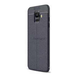   Szilikon telefonvédő (közepesen ütésálló, bőr hatású, varrás minta) SÖTÉTKÉK Samsung Galaxy A6 (2018) SM-A600F