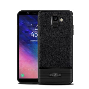 Szilikon telefonvédő (közepesen ütésálló, bőr hatású, szálcsiszolt) FEKETE Samsung Galaxy A6 (2018) SM-A600F