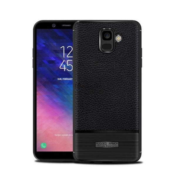 Szilikon telefonvédő (közepesen ütésálló, bőr hatású, szálcsiszolt) FEKETE Samsung Galaxy A6 (2018) SM-A600F