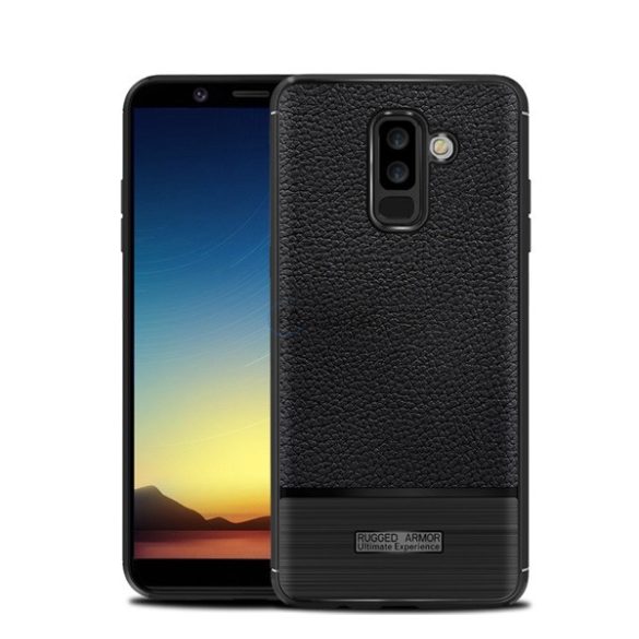 Szilikon telefonvédő (közepesen ütésálló, bőr hatású, szálcsiszolt) FEKETE Samsung Galaxy A6+ (2018) SM-A605F