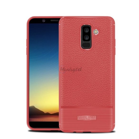 Szilikon telefonvédő (közepesen ütésálló, bőr hatású, szálcsiszolt) PIROS Samsung Galaxy A6+ (2018) SM-A605F