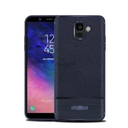   Szilikon telefonvédő (közepesen ütésálló, bőr hatású, szálcsiszolt) SÖTÉTKÉK Samsung Galaxy A6 (2018) SM-A600F